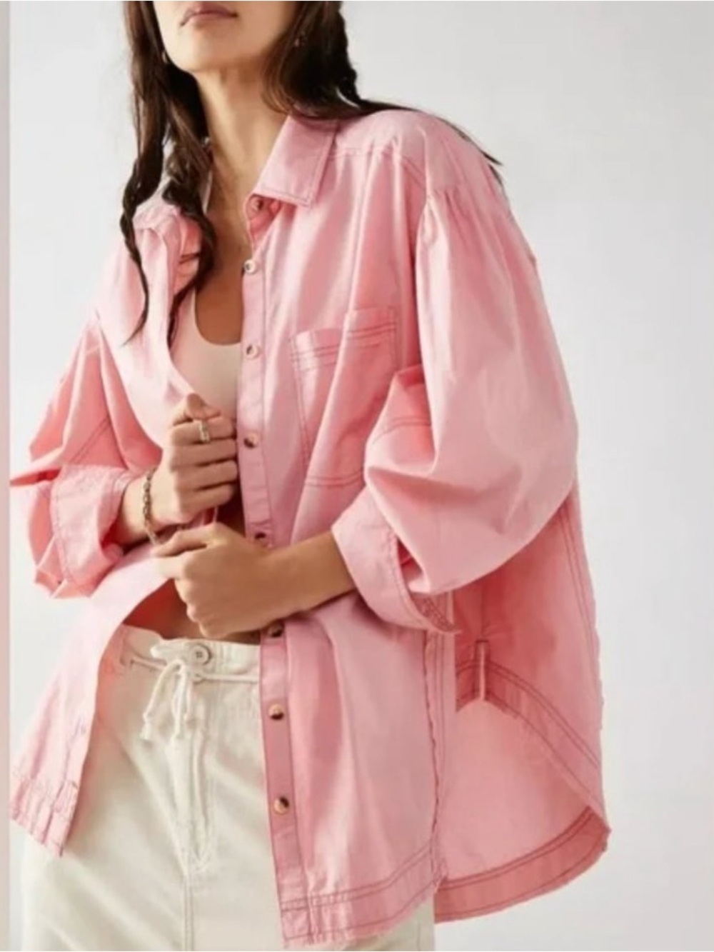 We The Free Happy Hour Top Button-Down Top in Strawberry Cream size Small